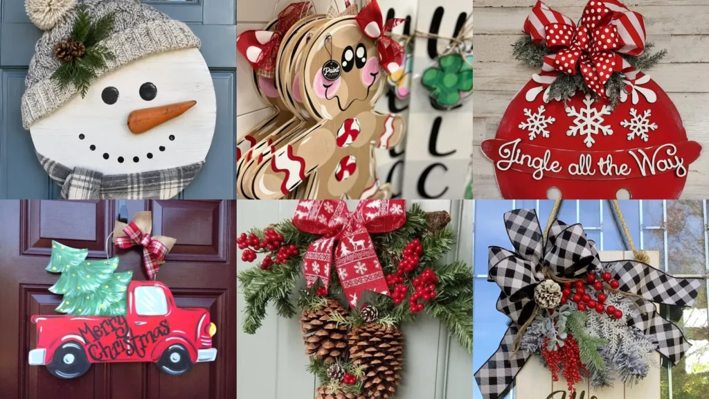 20 Christmas Door Hanger Ideas With Bows, Snowmen and Holiday Color