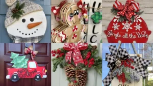 20 Christmas Door Hanger Ideas With Bows, Snowmen and Holiday Color